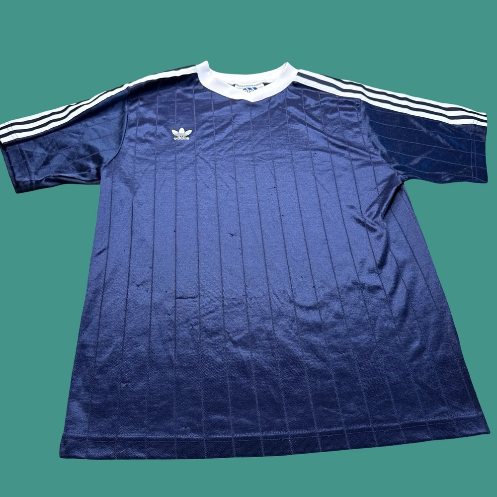 Adidas Jersey S Navy Blue White 3 Stripe Trefoil Short Sleeve Vintage Distressed